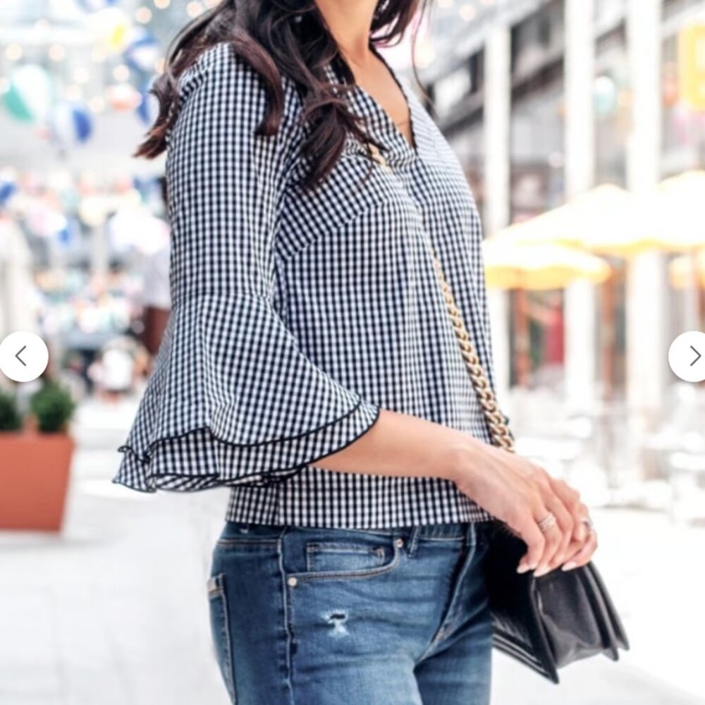 White House Black Market Gingham Black White  Bell Sleeve V Neck Blouse Top